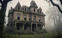 Faded Victorian architecture, overgrown with vines, eerie mist, abandoned dolls