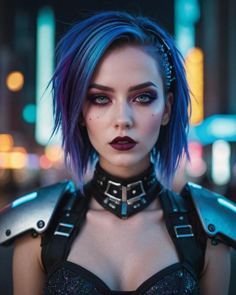 neon lit cityscape, futuristic architecture, cybergoth attire, high fashion photography