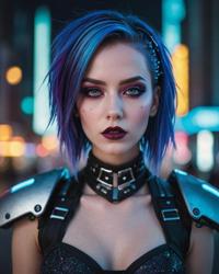 neon lit cityscape, futuristic architecture, cybergoth attire, high fashion photography