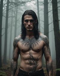 Mysterious forest, foggy atmosphere, executioner figure, intricate tattoos