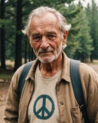 cozy old man, rugged peaceful leader, looks down, athlete in simple clothes