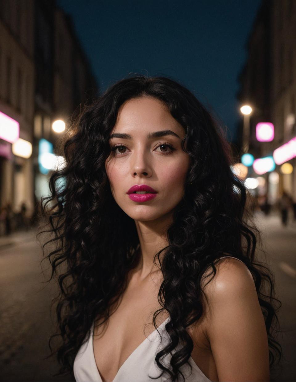 photograph, view, woman with long curly black hair, bright pink lips