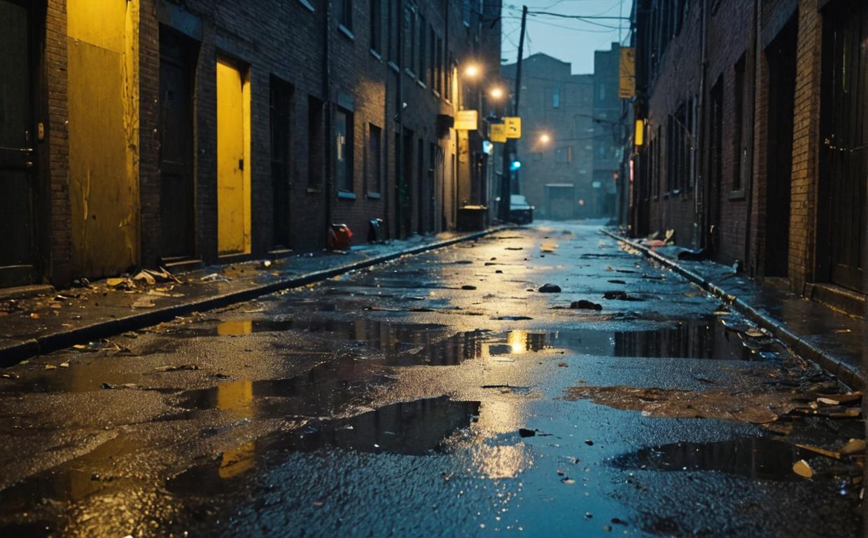 abandoned alley, dark and stormy night, strong winds, debris scattered