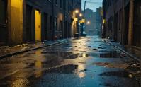abandoned alley, dark and stormy night, strong winds, debris scattered
