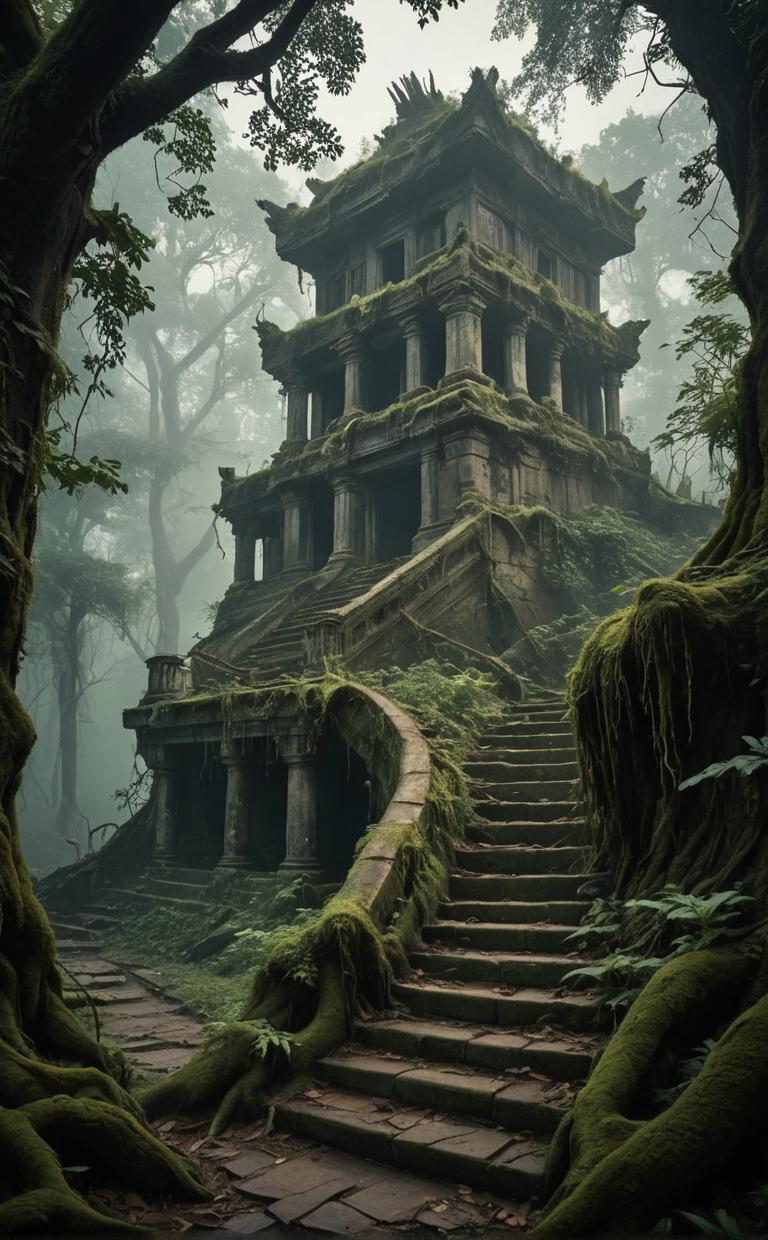 ancient temple ruins, overgrown vegetation, misty atmosphere, abandoned stairway