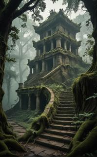ancient temple ruins, overgrown vegetation, misty atmosphere, abandoned stairway