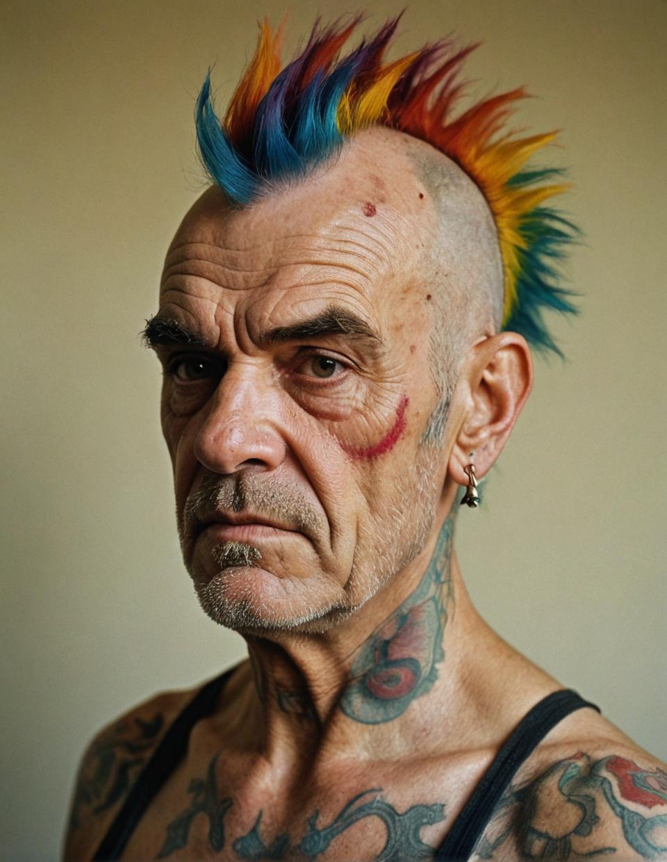 photograph, old man with worn face Sean Connery, vibrant rainbow hair styled as mohawk, multiple tattoos