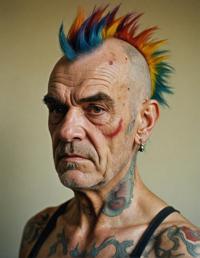 photograph, old man with worn face Sean Connery, vibrant rainbow hair styled as mohawk, multiple tattoos