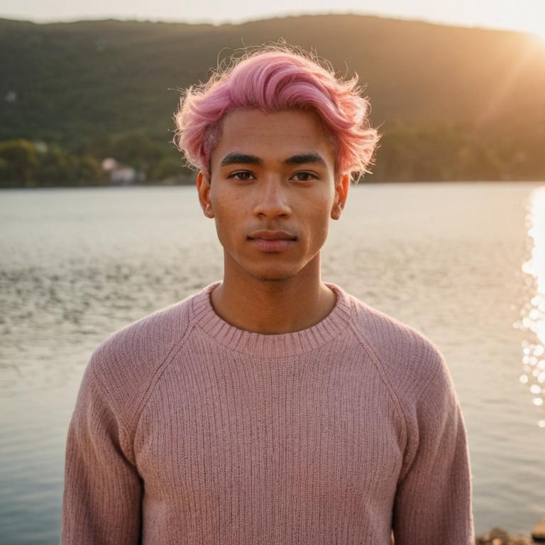 Portrait of ordinary young man wearing sweater, with sun rising over calm lake, pink hair blown back by wind, camera captures serene moment