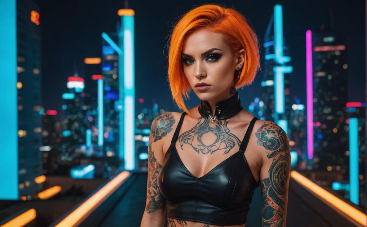 distorted portrait, bold tattoos, neon lights, saffron hair