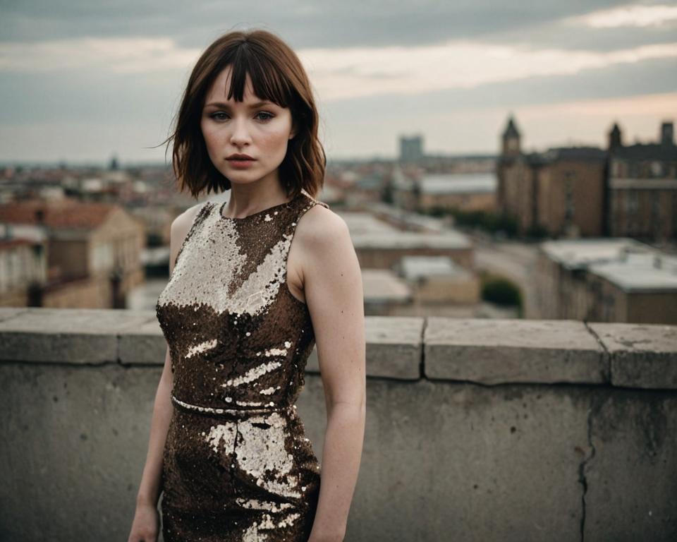 portrait of Emily Browning, elegant woman, dark hair, sequined dress