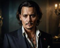 Disheartened, sad Johnny Depp, wearing gems, matte skin
