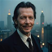 A dimly lit cityscape, unconventional Polish Gary Oldman with a macabre grin, set against a foggy backdrop, shot in the style of Cinestill and captured using Canon RF lens