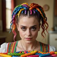 photorealistic portrait of Helena Bonham Carter in a domestic setting, conveying fatigue and ruggedness, vibrant rainbow colored cornrow hairstyle, extremely close up with multiple objects blurred