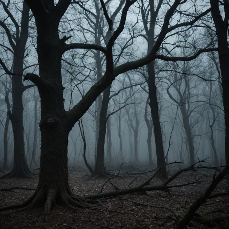 dark forest, misty atmosphere, eerie sounds, faint moonlight