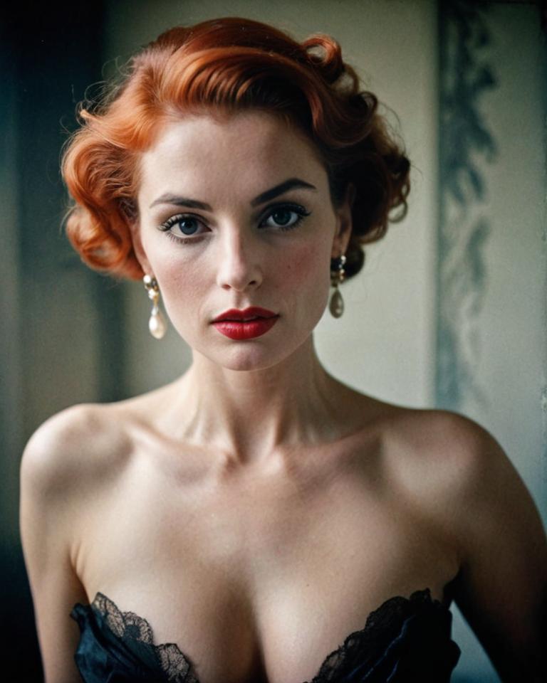 European woman by Lillian Bassman photography style, busty, wide angle view, vivid colors
