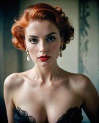 European woman by Lillian Bassman photography style, busty, wide angle view, vivid colors