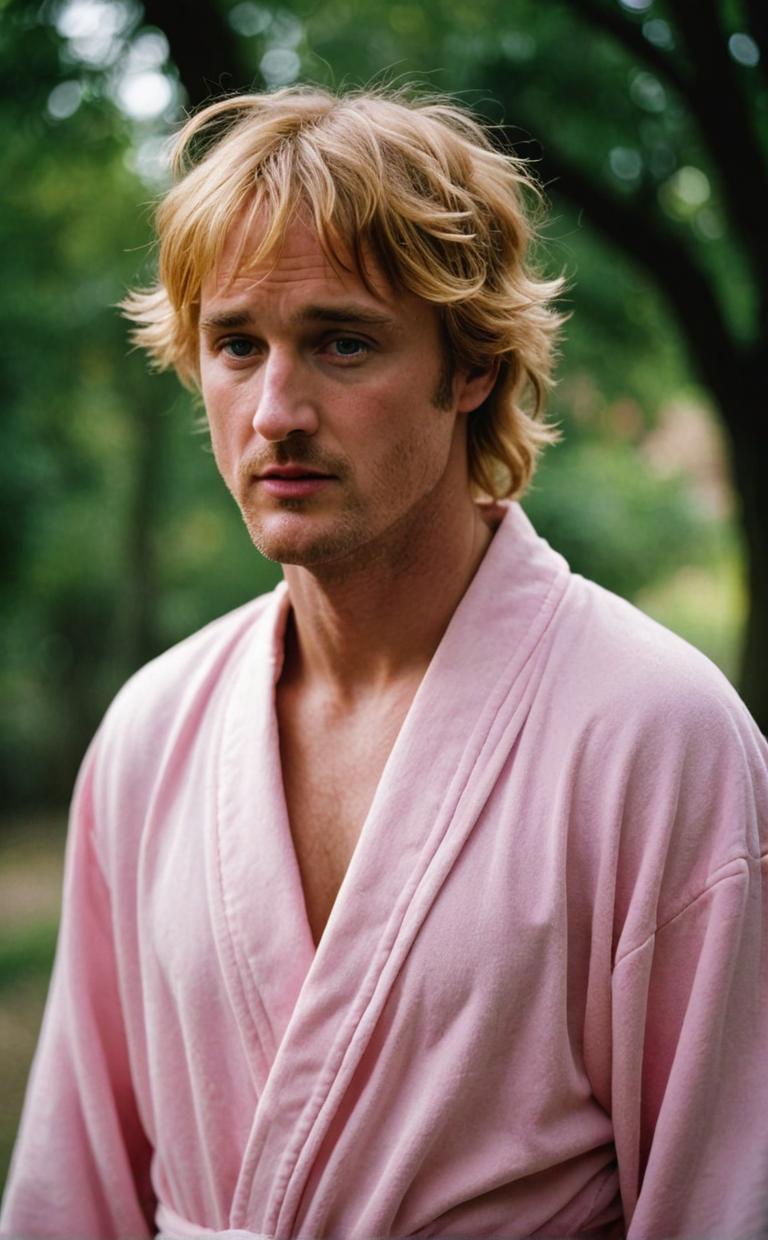 photograph, Vibrant tiny Owen Wilson , in robe, his robe is pink crested