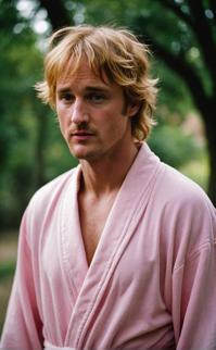photograph, Vibrant tiny Owen Wilson , in robe, his robe is pink crested