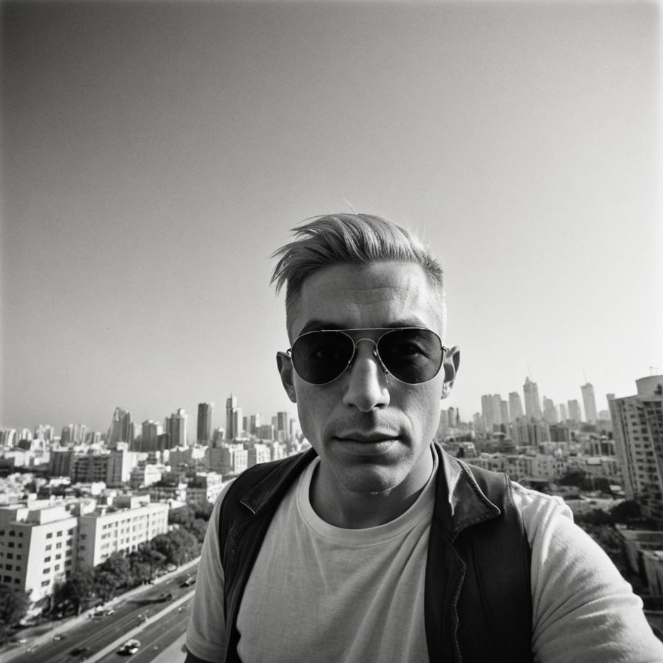 photograph by wolfgang suschitzky, crew cut rainbow hair, aviator sunglasses, manama cityscape