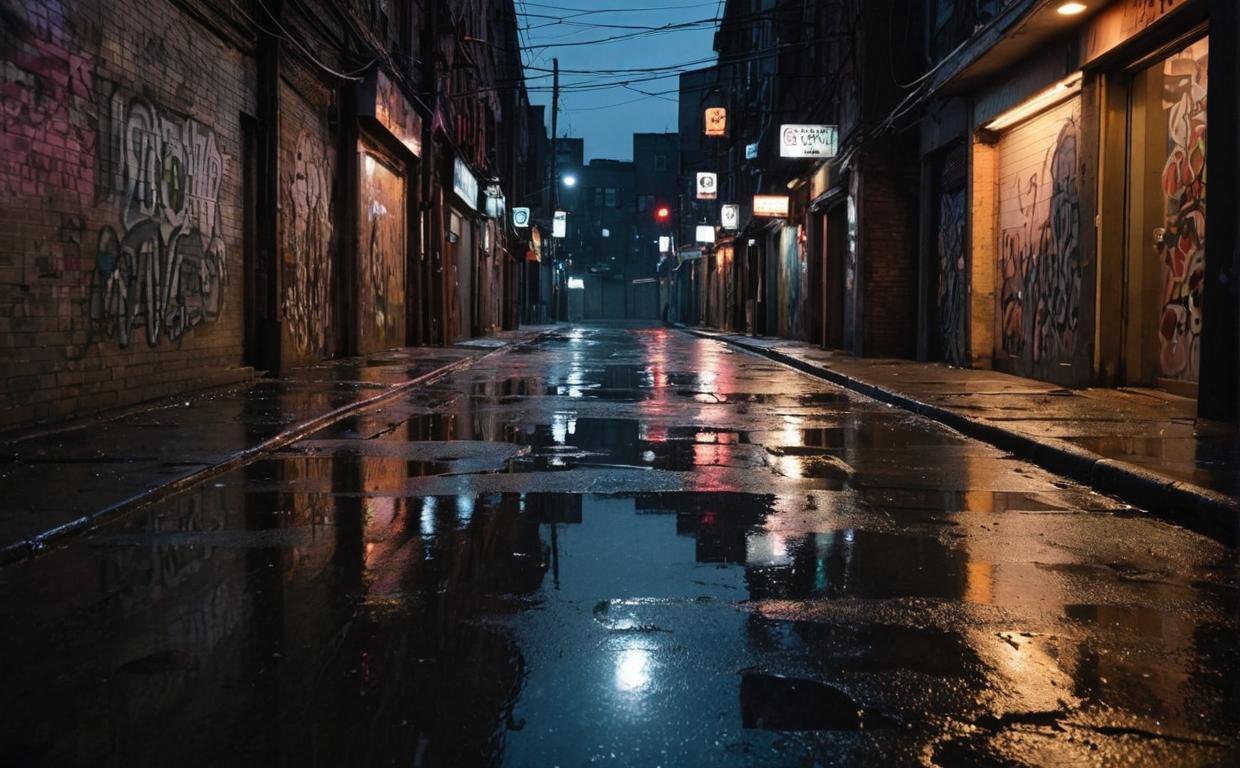photograph, futuristic cityscape at dusk, neon lights reflecting off wet pavement, deep shadows