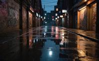 photograph, futuristic cityscape at dusk, neon lights reflecting off wet pavement, deep shadows