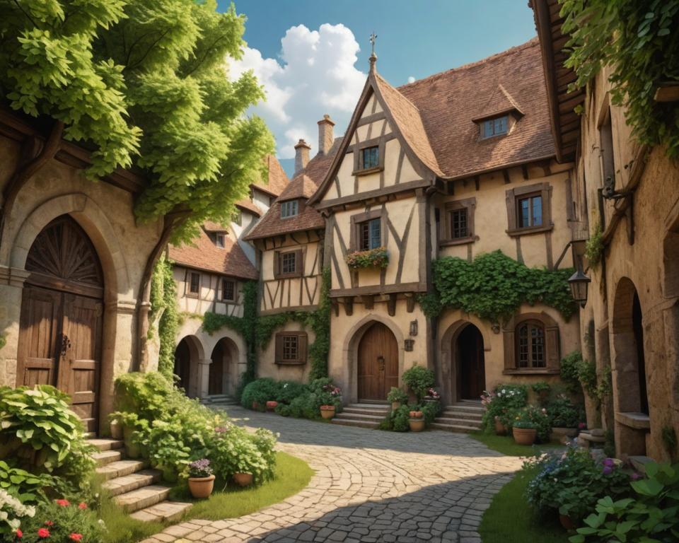 stylized photograph, th century European city, lush greenery, soft focus
