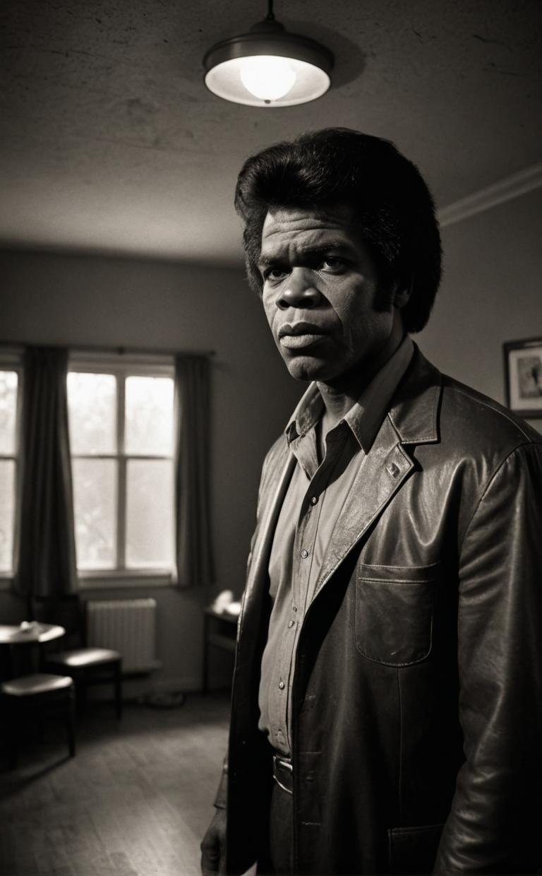 black and white photo, james brown, s style, horror theme