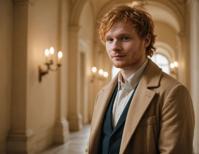 museum interior, ethereal figure, ed sheeran hairstyle, soft focus