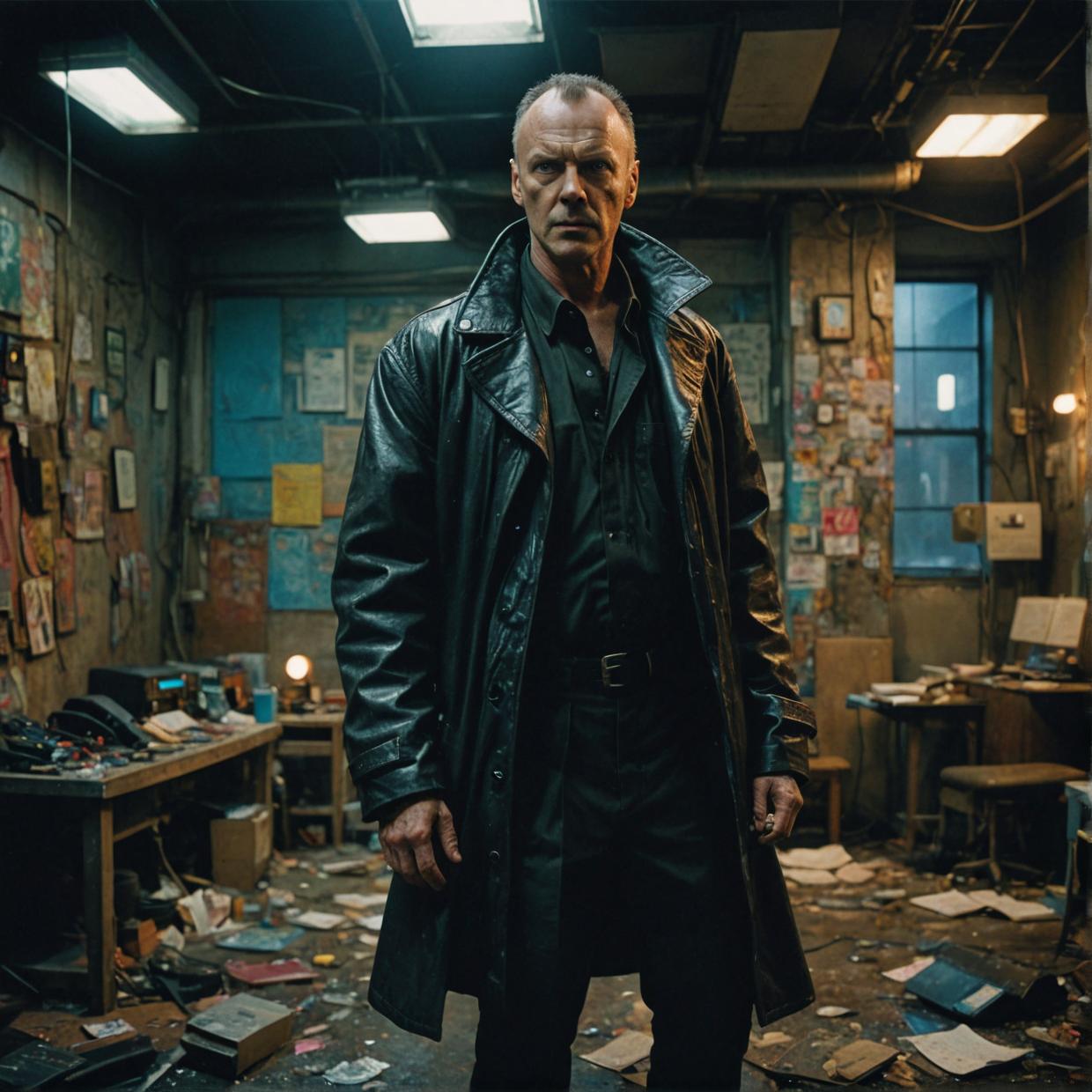 Cyberpunk therapist, dark room, gritty cityscape, Michael Keaton in intense pose