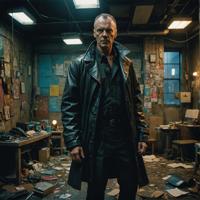 Cyberpunk therapist, dark room, gritty cityscape, Michael Keaton in intense pose