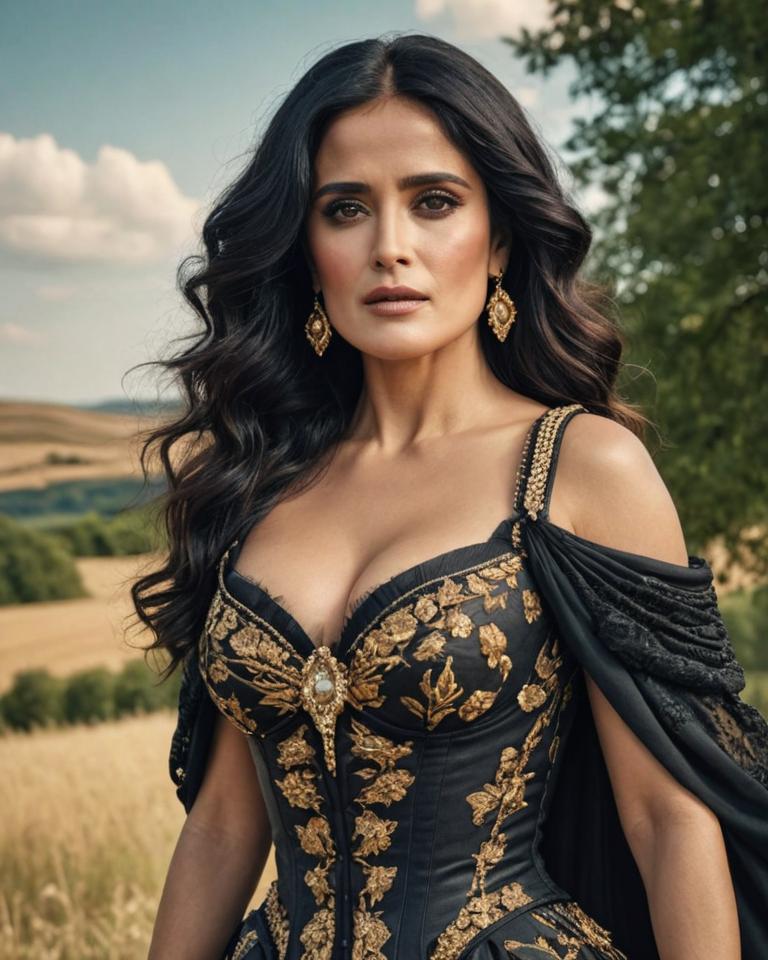 photograph by Rebeca Saray and Constantin Joffe, cinematic style, ultra realistic, Salma Hayek with German wimple