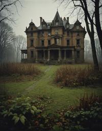 stylized by paul strand abandoned mansion, overgrown garden, moody lighting, long shadows