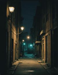 photograph, dark alleyway, gritty urban, abandoned streetlamp