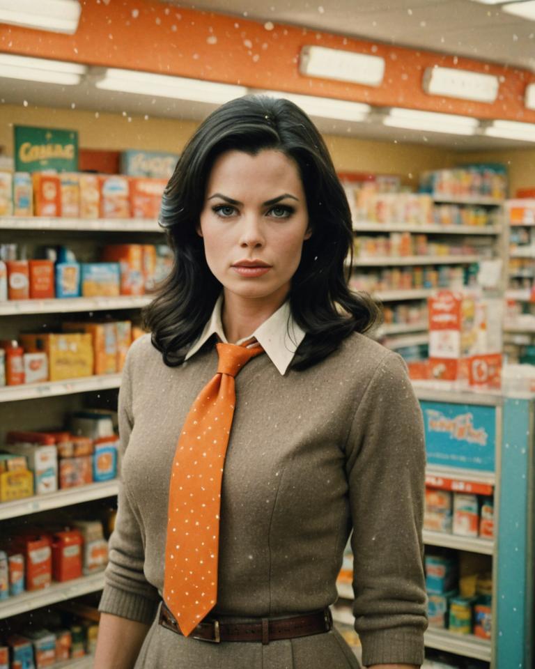 photograph of Brooke Burns in a convenience store, s era, shocked expression, black hair