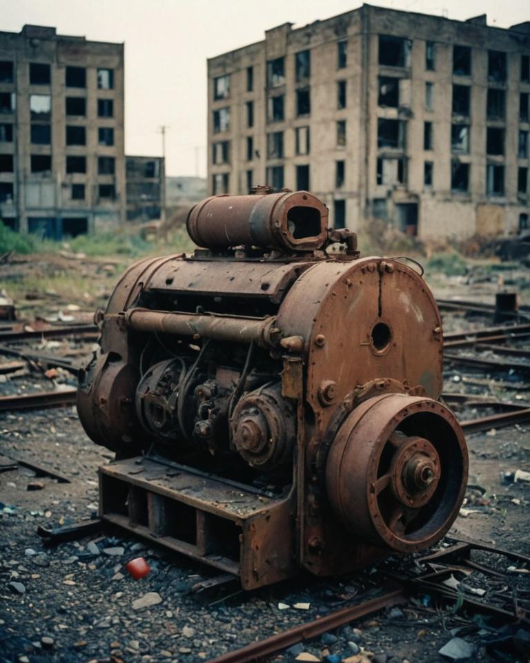 Abandoned machinery, gritty textures, polluted environment, faint city lights
