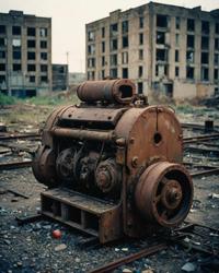 Abandoned machinery, gritty textures, polluted environment, faint city lights