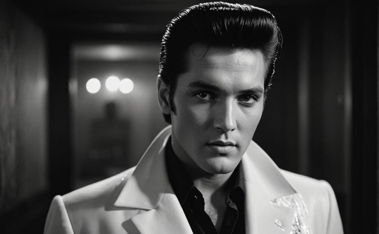 mystical elvis presley, graceful poses, white hair, cat eyes