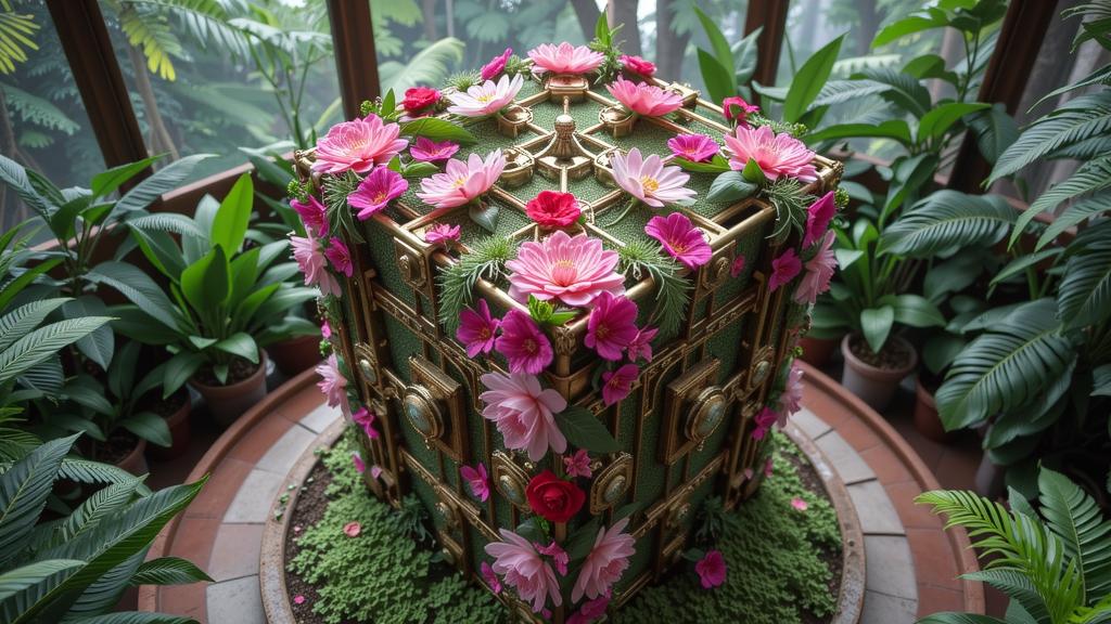 photograph, majestic, top down view of a Qing Dynasty Borg Cube , it is very Serene and Glittering