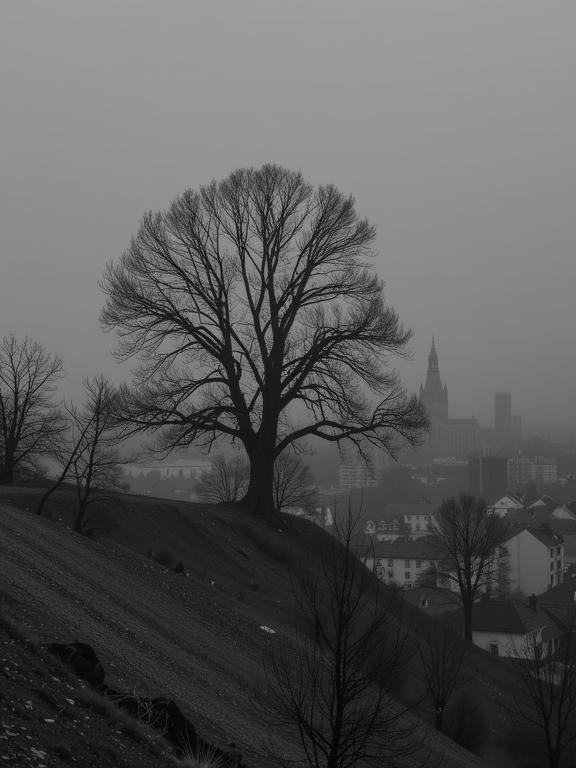 designed by Jamie Heiden and Ilse Bing , photograph, surreal, landscape of a Mundane Flirty Oldtown in the distance there is The Tree of Life