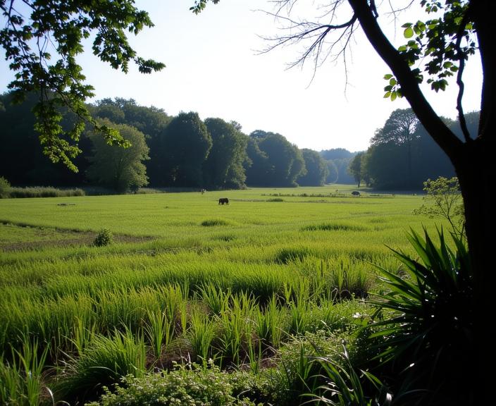 photograph, Happy, landscape of a Intellectual Functional Flooded Grasslands from inside of a Jungle, from inside of a Peaceful Bed and breakfast