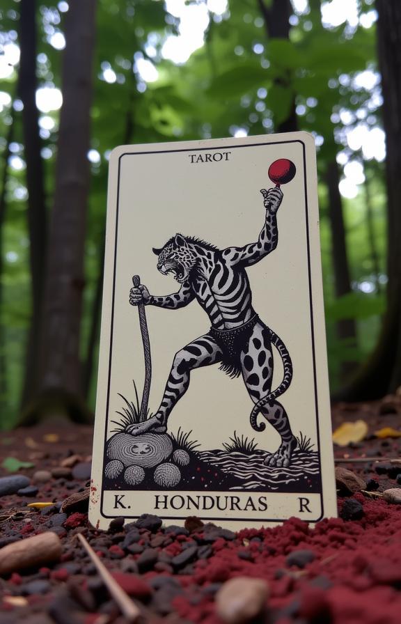 designed by Grete Stern and Michael Shainblum , photograph, hyper detailed, ground level shot of a Honduran Tarot cards