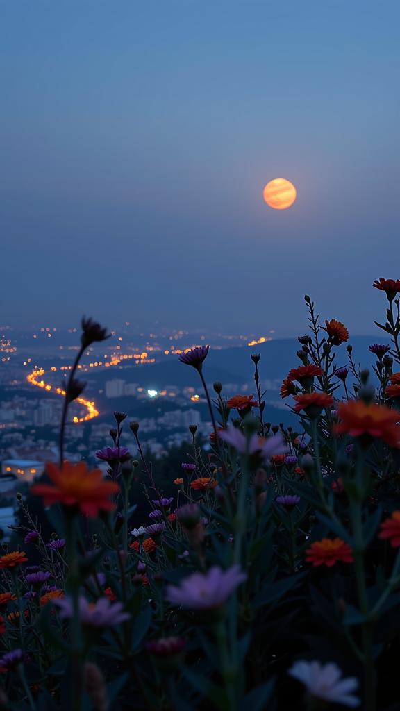 photograph, crowded flora and Jupiter s Great Red Spot in background, award winning, intricate background