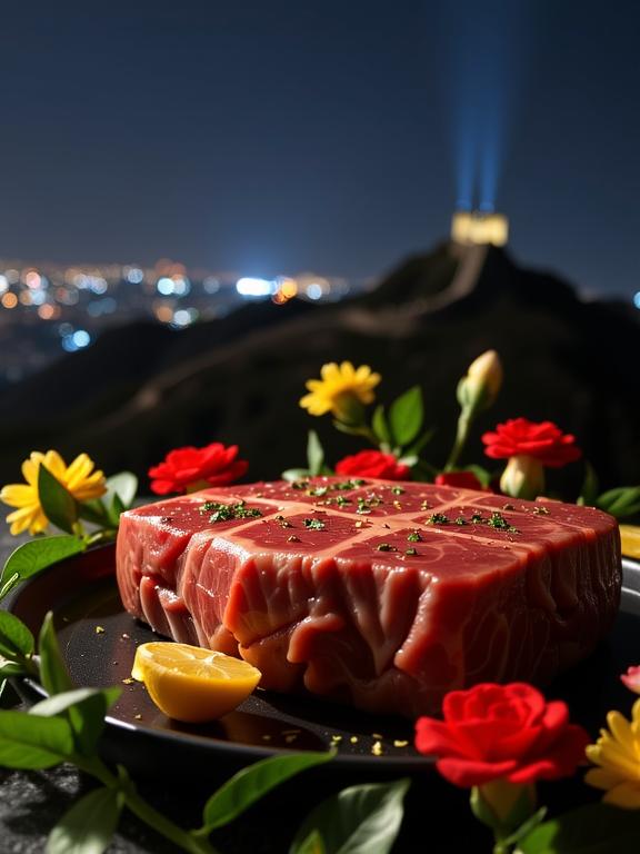 photograph, noir, modelshoot style shot of a Eerie Remarkable Korean angus beef , it is sleek