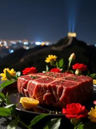 photograph, noir, modelshoot style shot of a Eerie Remarkable Korean angus beef , it is sleek