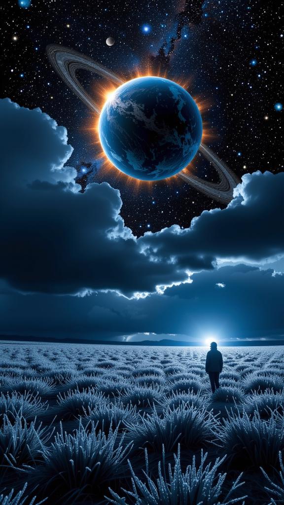 by Beth Conklin and Jacques Henri Lartigue , photograph, fall field and Solar system in background, sublime