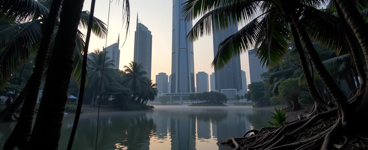 designed by Edward Weston and Nan Goldin , photograph, best quality, landscape of a Elderly Energizing Cyber Skyscraper District from inside of a Tropical lagoon
