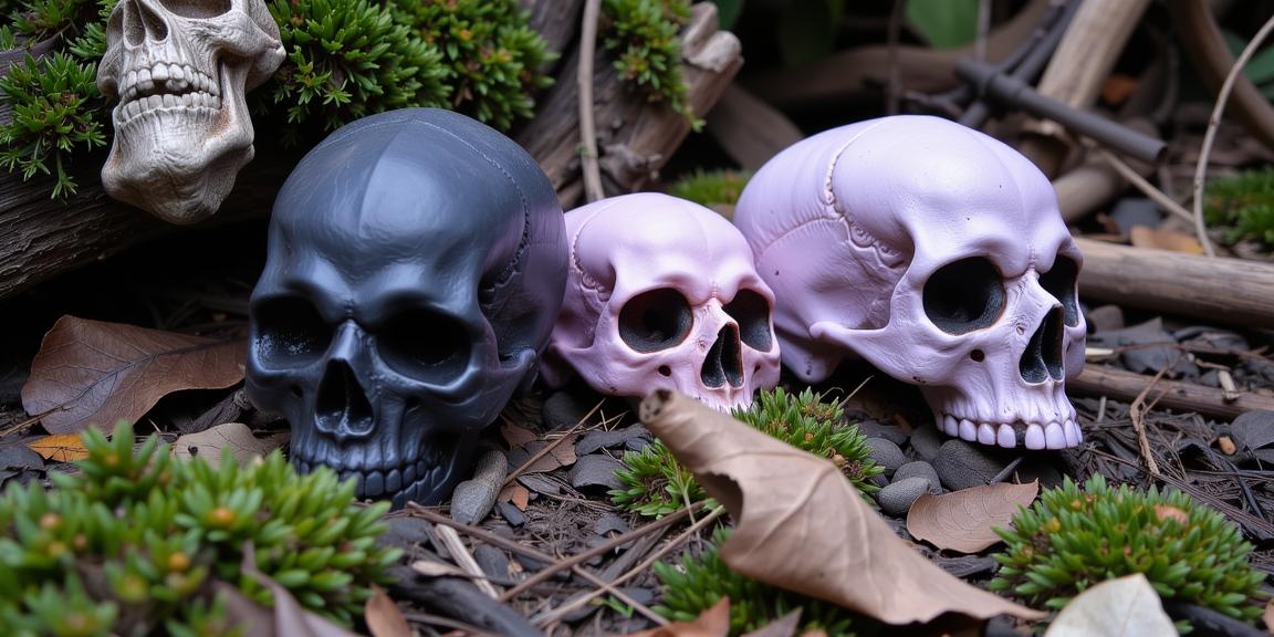 photograph, highly detailed, shot from side of a Charcoal, Lavender and Blush Mediterranean Skulls