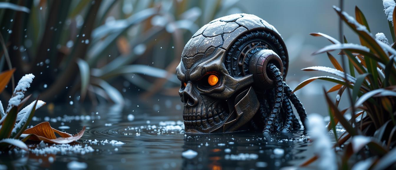 photograph, dense water and vegetation, concept art, full body shot of a Abstract Expressionism Scaly Face of the Enemy