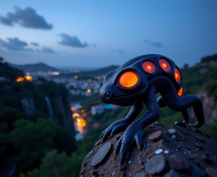 photograph, majestic, hip level shot of a Navy, White and Orange Alien Ammonite